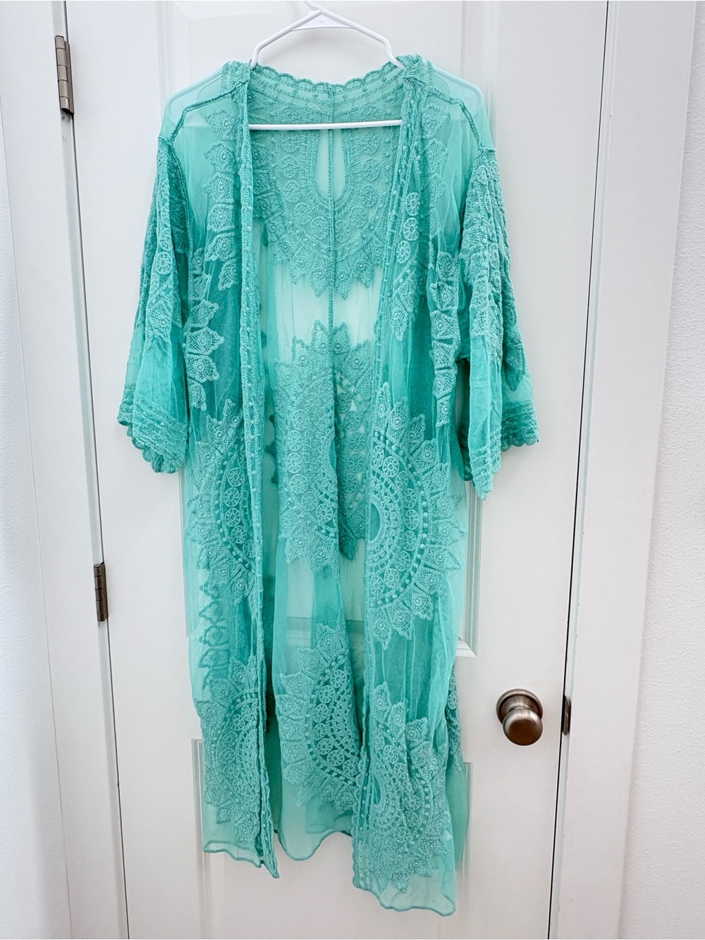 Aqua Sheer Lace Kimono Duster